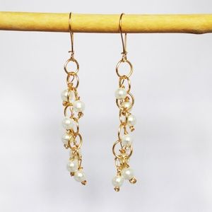 Gold 6 Ring Large Dangle Drop Earrings with Glass Pearls